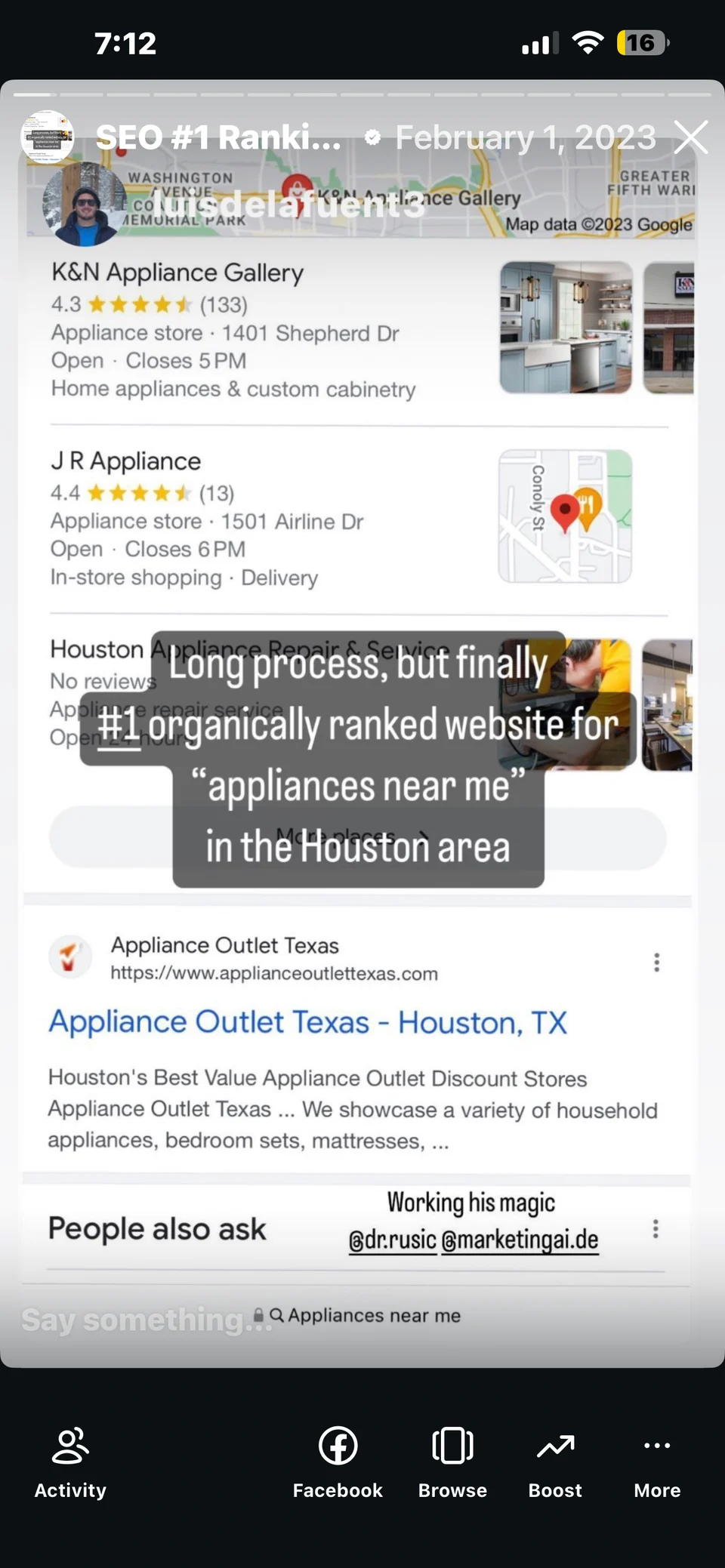 Archived February 1, 2023 search for “appliances near me”. Appliance Outlet Texas appears as the first website listing visible below the local places block.