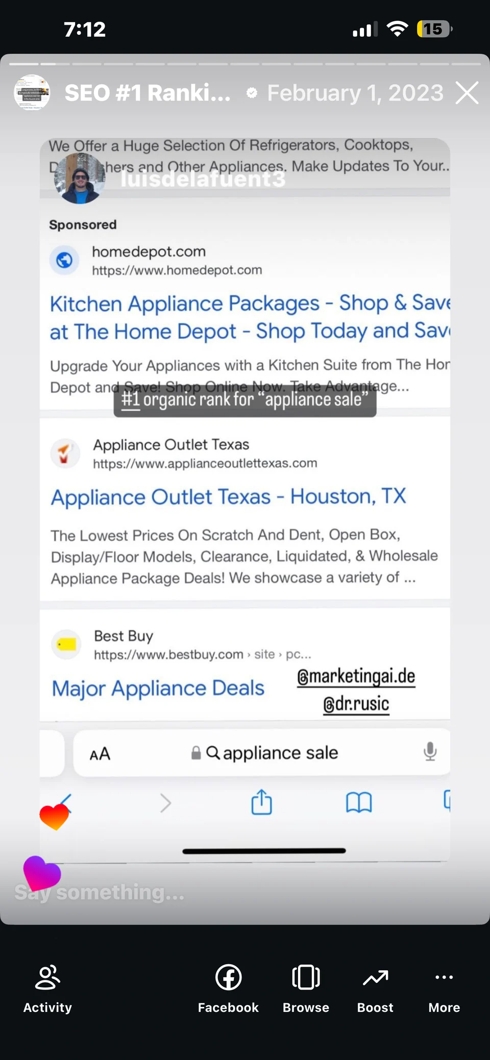 Archived February 1, 2023 search for “appliance sale”. The store’s organic website result appears below a sponsored Home Depot result and above Best Buy in this view.