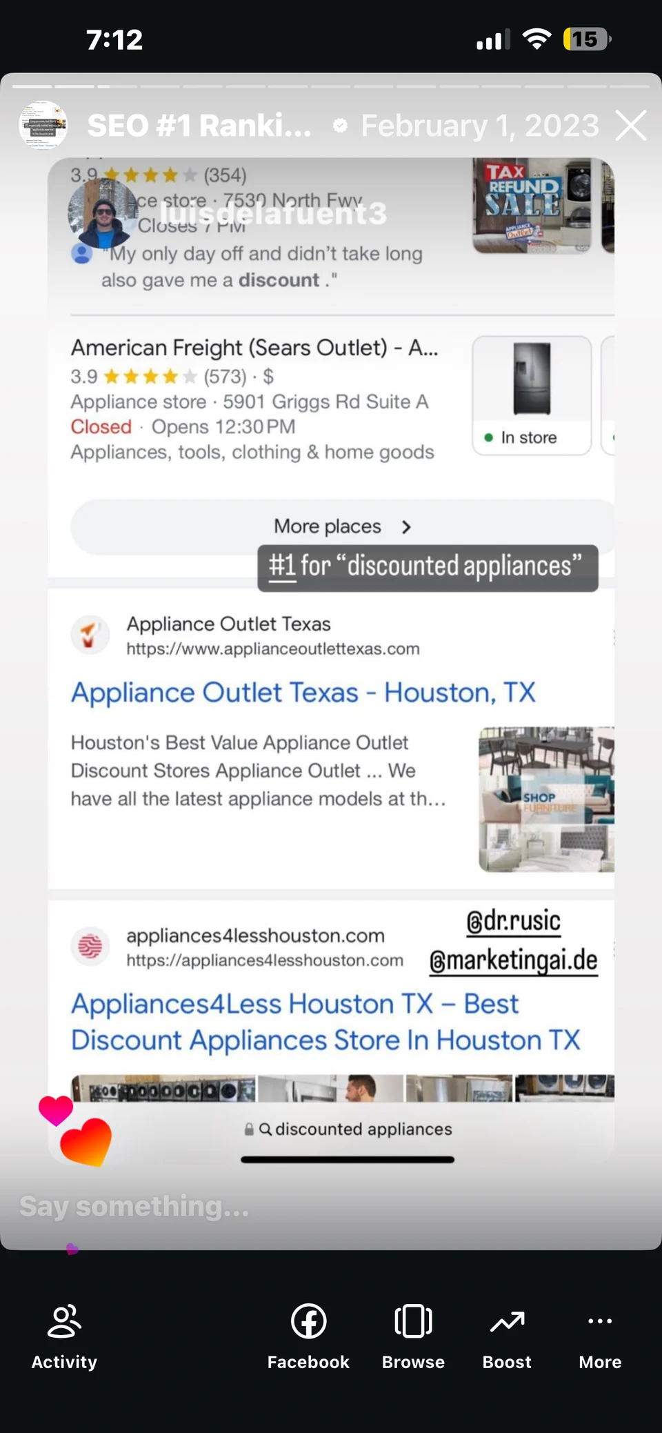 Archived February 1, 2023 search for “discounted appliances”. The store’s website appears below local results and above Appliances4Less in the captured view.