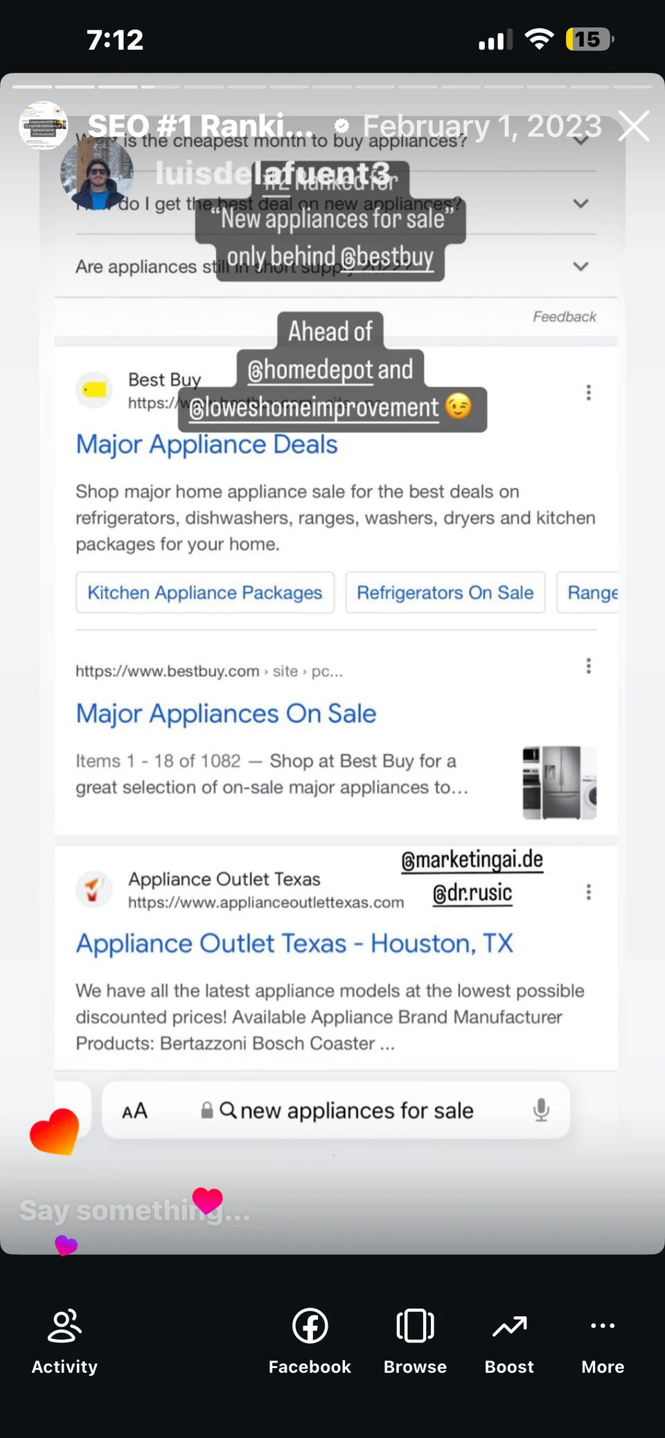 Archived February 1, 2023 search for “new appliances for sale”. The store appears after Best Buy results. The original story describes this as second place by brand; two Best Buy website listings are visible.