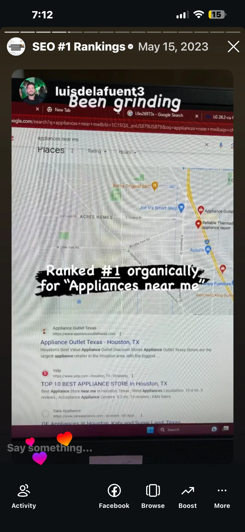Archived May 15, 2023 search for “appliances near me”. The store’s website appears below the map and above Yelp in this captured search.