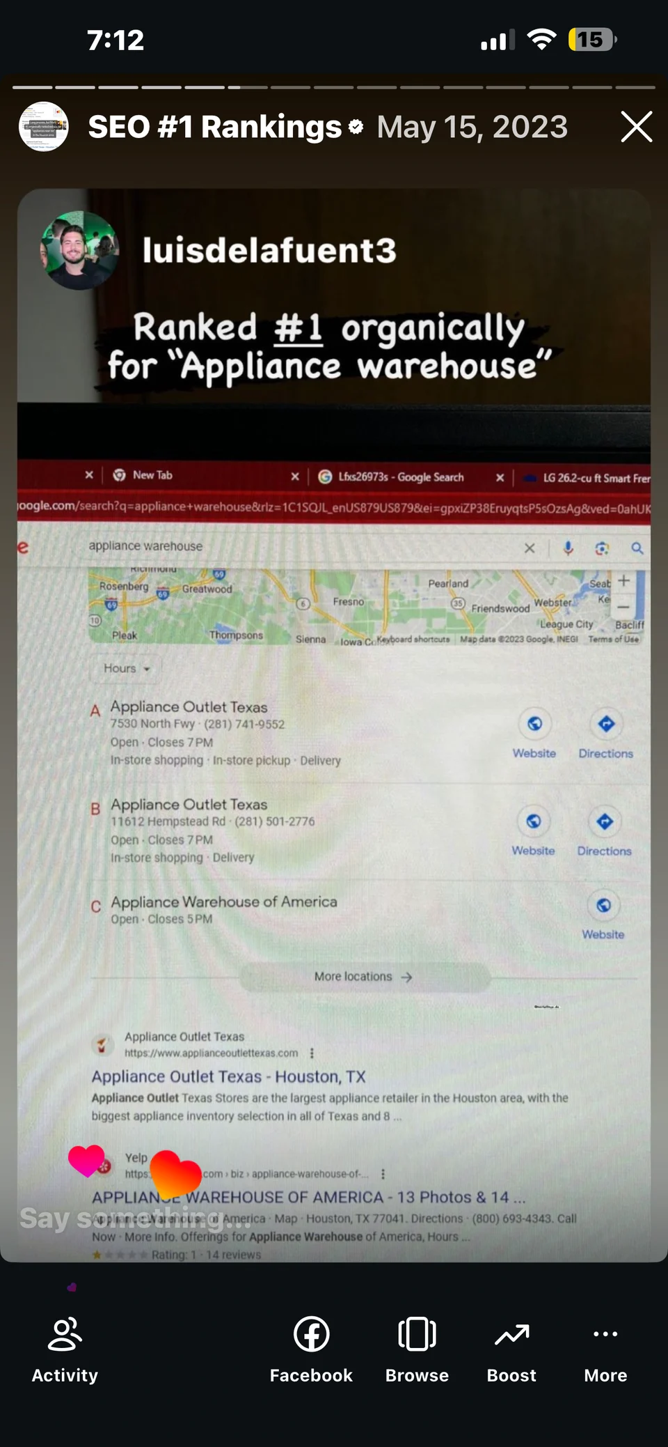 Archived May 15, 2023 search for “appliance warehouse”. Two store locations lead the visible local list. The store’s website also appears above Yelp below that list.