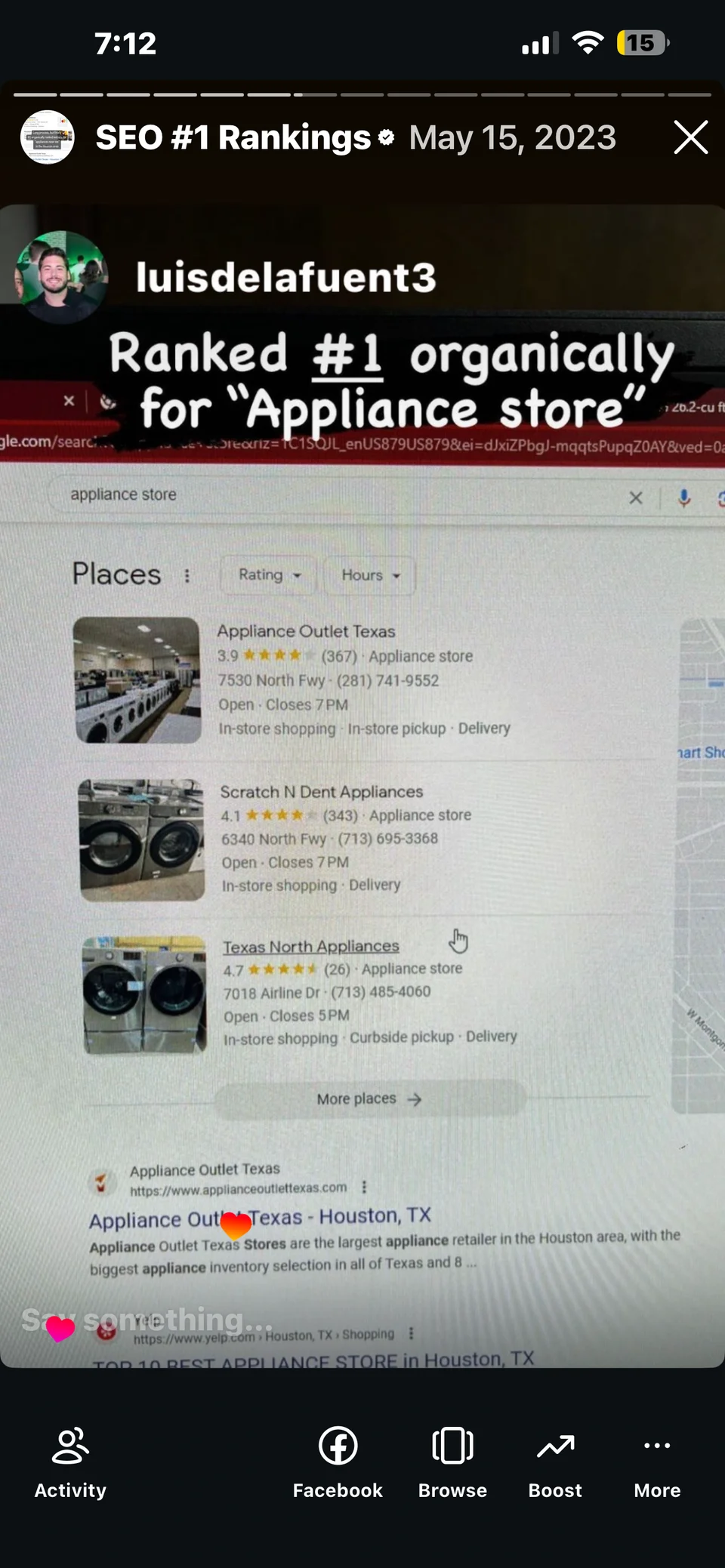 Archived May 15, 2023 search for appliance store, showing Appliance Outlet Texas in Places and website results.