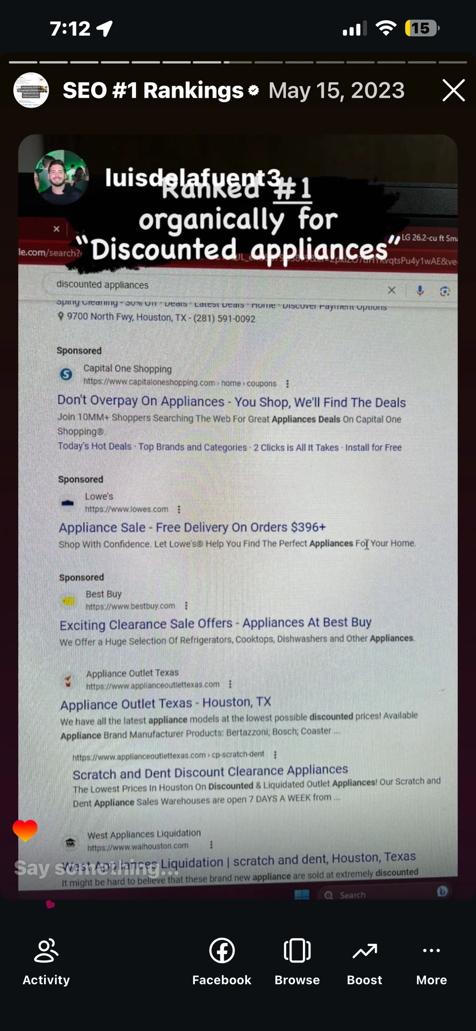 Archived May 15, 2023 search for “discounted appliances”. The store’s organic result and a related page appear below the sponsored listings.