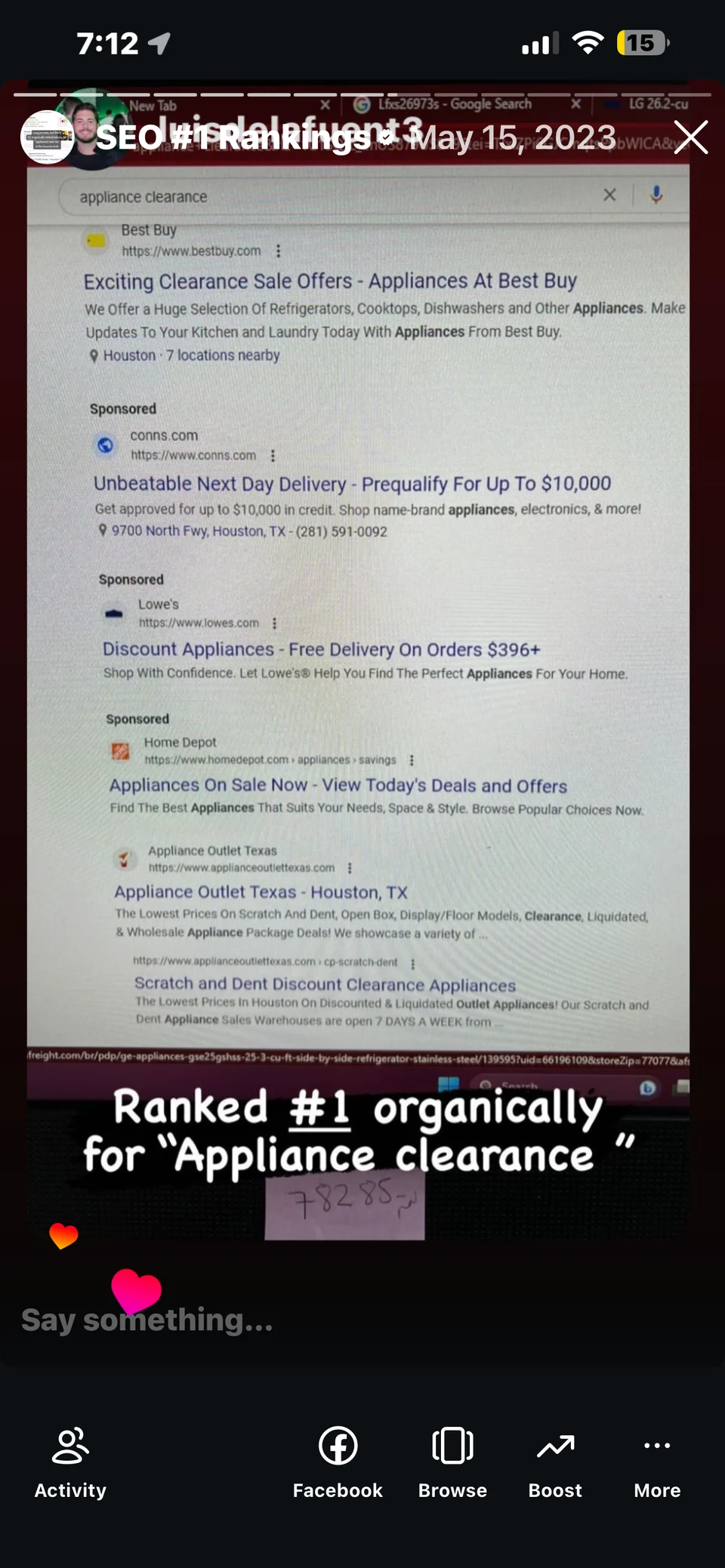 Archived May 15, 2023 search for “appliance clearance”. The store’s organic result appears after sponsored retail ads, with its scratch-and-dent page below.