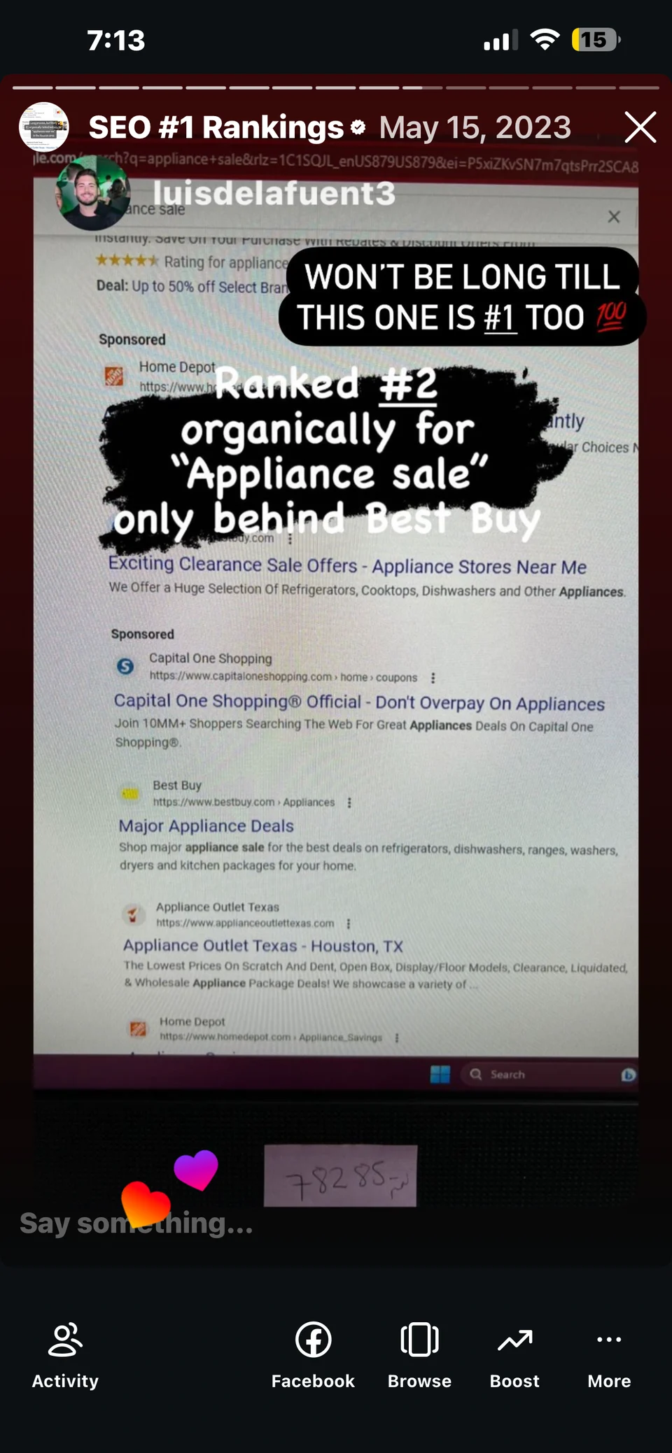Archived May 15, 2023 search for “appliance sale”. Best Buy appears ahead of the store in the organic results. This later snapshot differs from the February view.