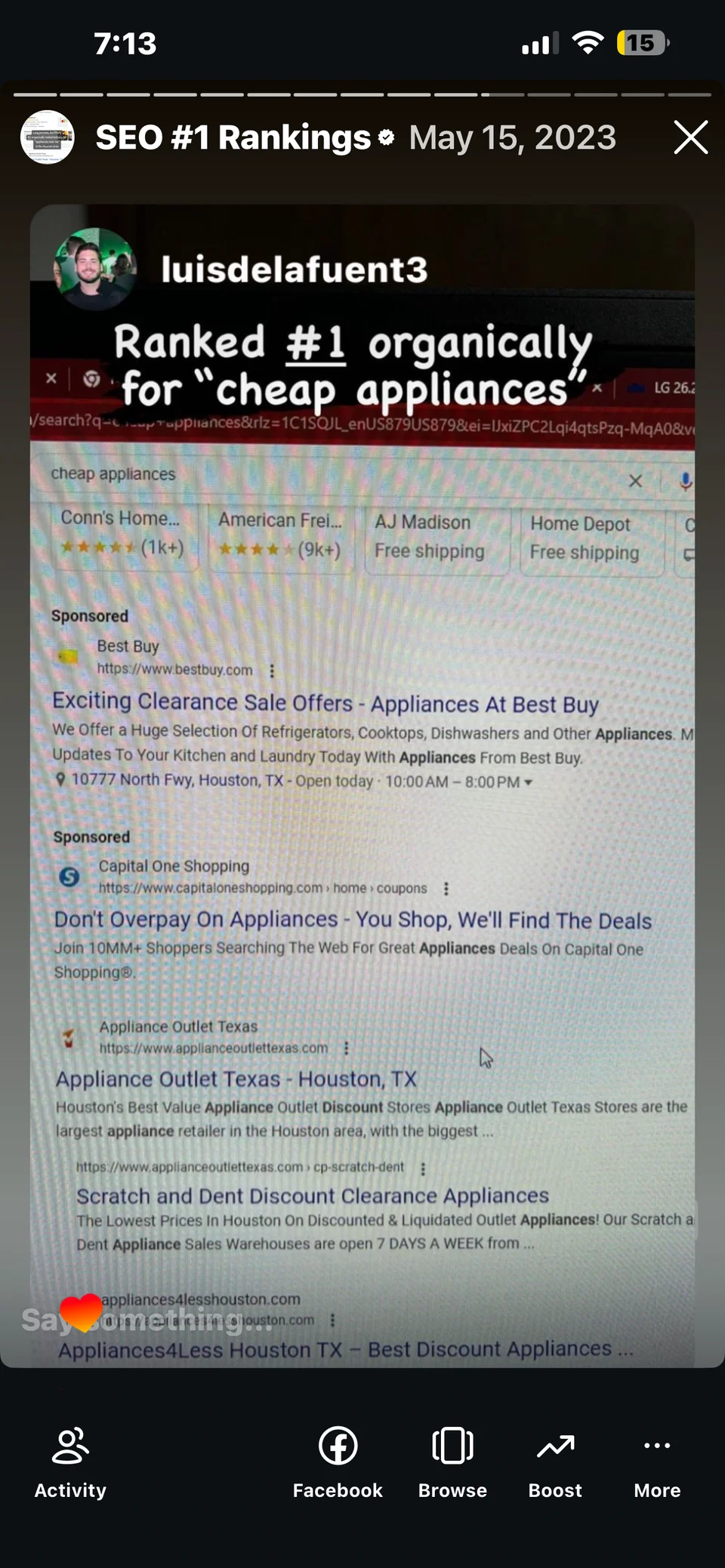Archived May 15, 2023 search for “cheap appliances”. The store’s website and related page appear below the sponsored listings and above Appliances4Less.