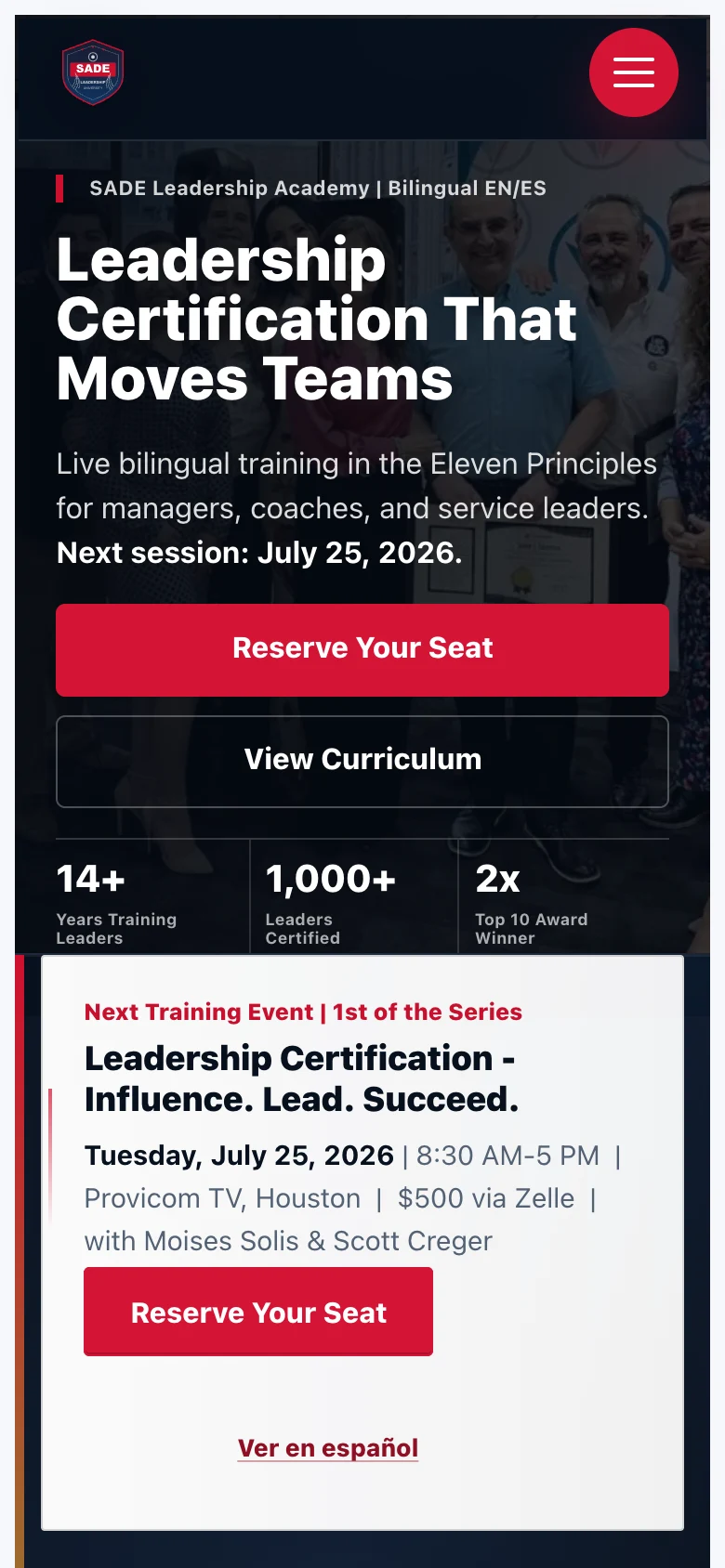SADE Leadership Academy mobile homepage screenshot, September 9, 2026.