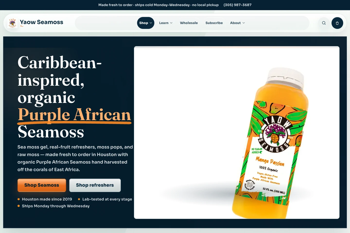 Yaow Sea Moss website capture: original page layout and content.