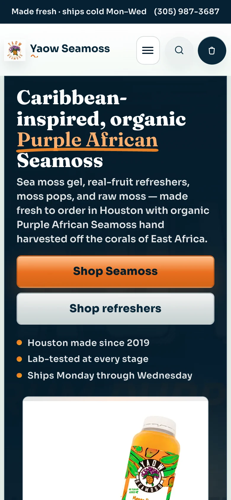 Yaow Sea Moss mobile homepage screenshot, September 9, 2026.
